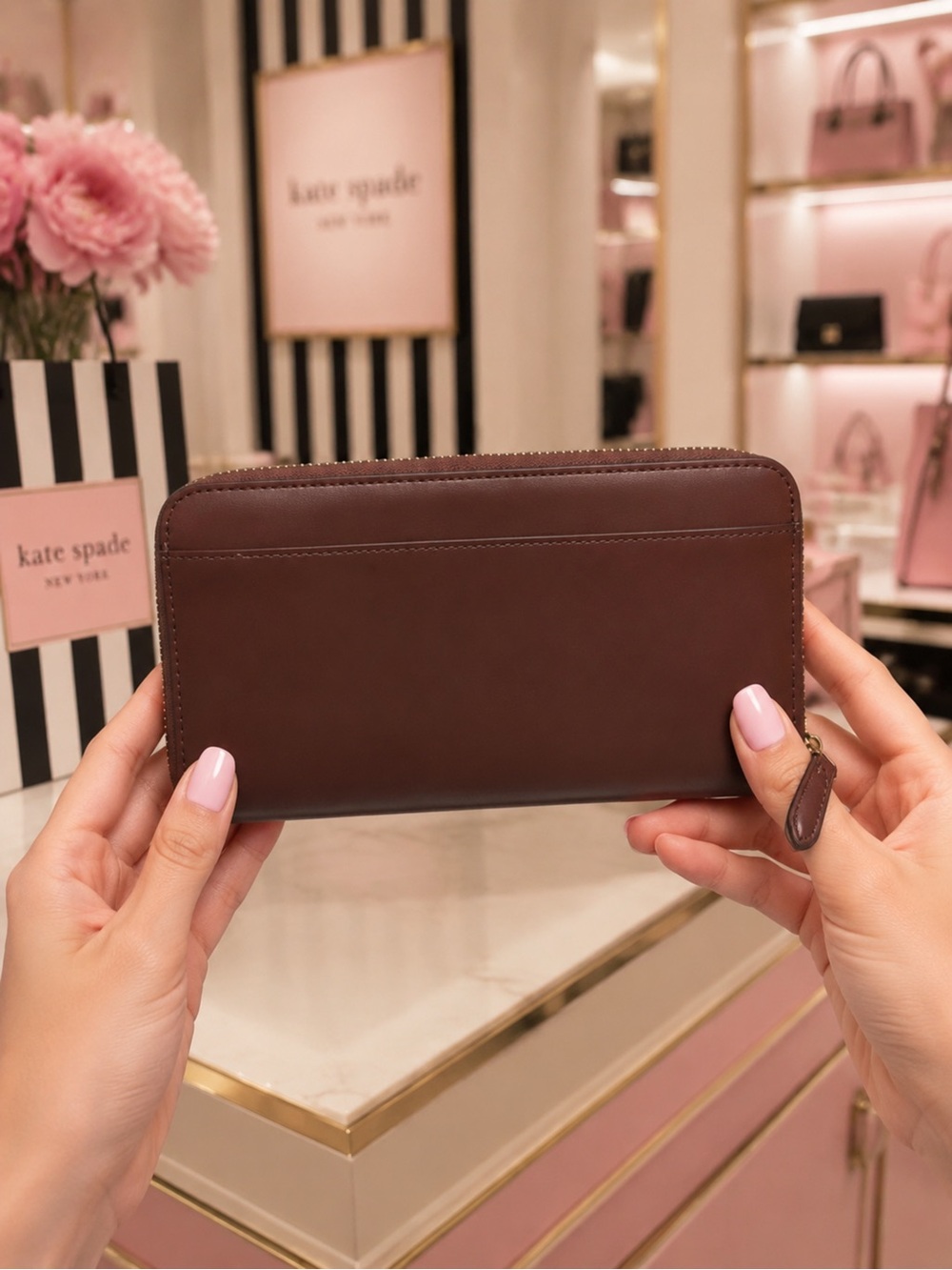 kate spade Brown Leather Zip-Around Wallet with Gold Logo - Picture 2 of 3